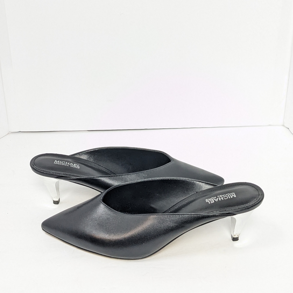 MICHAEL Michael Kors Black Leather Pointed Toe Mules with Clear Kitten Heels